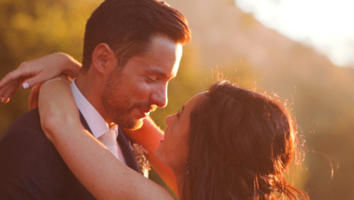 Mt. Woodson Castle wedding bride and groom in sunlight