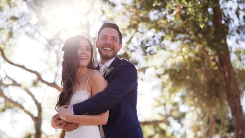 Mt. Woodson Castle Bride and Groom in sunlight