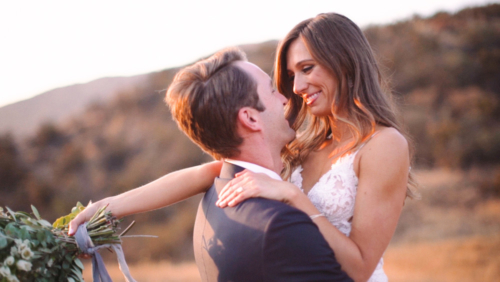 Bride and groom in field at sunset at Brookview Ranch Malibu