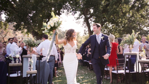 Bride and groom walking down aisle after wedding ceremony at Brookview Ranch Malibu