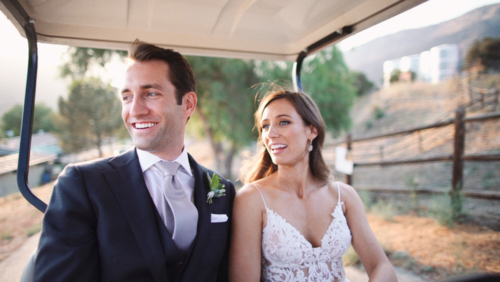 Bride and groom in golf at Brookview Ranch Malibu