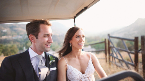 Bride and groom in golf at Brookview Ranch Malibu