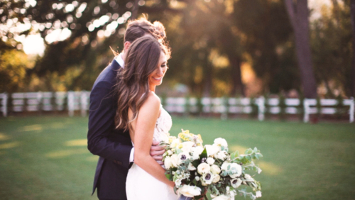 Bride and groom waking at Brookview Ranch Malibu