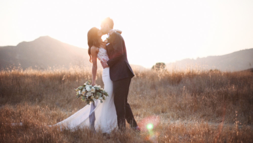 Bride and groom kissing in field